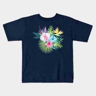 Tropical Flowers Floral Bouquet Blue Pink Kids T-Shirt